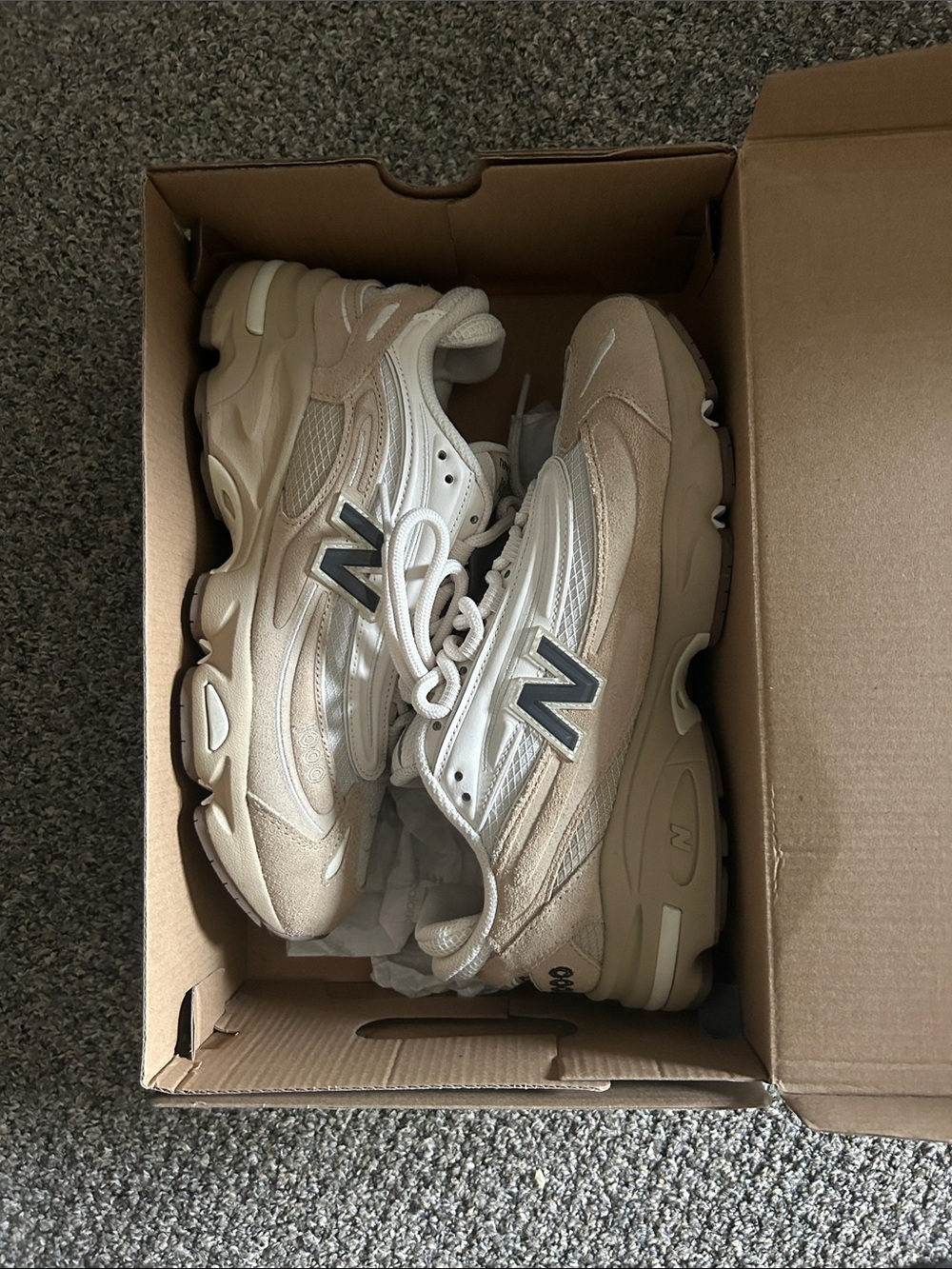 New Balance Beige Cream Sneakers with Navy N Logo